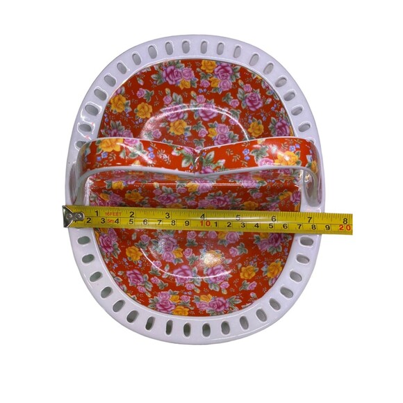 Jay & Sons Ceramic Basket Divided  w/ Handle Red White Floral Gold Rim - Picture 8 of 15